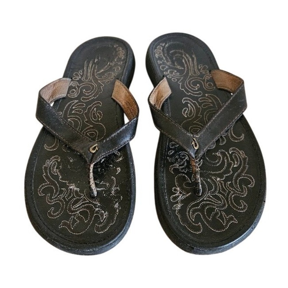 OluKai Paniolo Black Leather Embroidered Flip Flop Sandals Womens 7